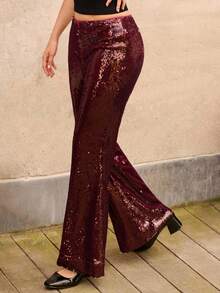 lacRébo Calça Flare com Lantejoulas Borgonha, Festa, Primavera, Mulheres, Outono, Primavera, Mulheres, Primavera, Verão, Festa - Vinho - Visão 6