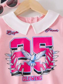 2pcs/Set Young Girls Back To School Collegiate Style Sweatshirt & Pleated Skirt Set, Pink Collar Sweatshirt With Letter Print, Navy Blue Pleated Skirt, School Uniform Look Fall Winter - Pink - View 6