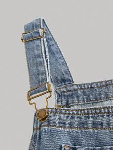 SHEIN Tween Girls  Fall/Winter Urban Street Cool Style Fashion Casual Korean Style Simple Basic Blue Denim Ripped Loose Fit Jumpsuit Overalls,For Girls Dailywear Costumes Fall/Winter Clothes And Back To School Clothes,Girls Streetwear Outfits,Girls Christmas Outfits,Tween Girls Denim Dress,10-Year-Old  Girls Denim Dress - Medium Wash - View 6