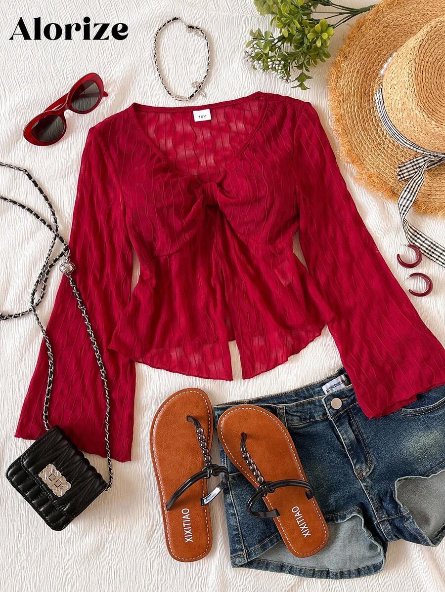 1 件女童休闲衬衫，圆领长袖喇叭袖口提花梭织上衣，秋季 - 酒紅色 - 查看 1