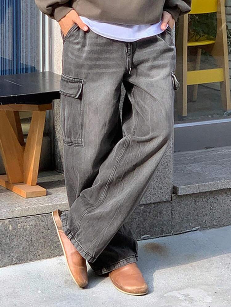 Men's Solid Color Washed Gray Contrast Color Drawstring Waist Design Jeans, Autumn Jeans For Men Cargo Baggy
