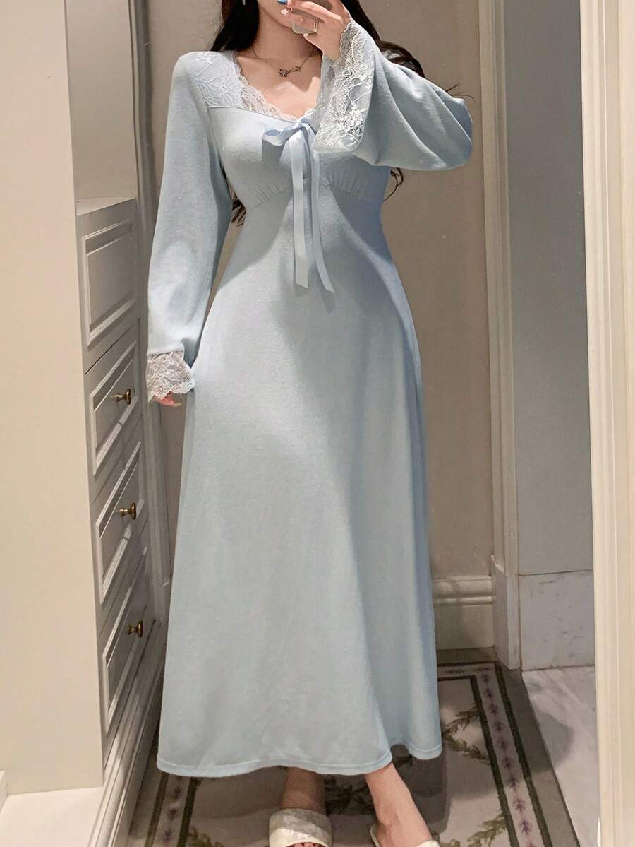 DAZY 女士浪漫腰部收紧蕾丝拼布拉绒长睡袍，秋冬，秋季睡衣 - 藍色 - 查看 1