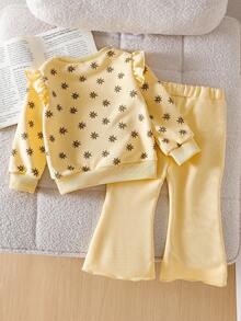 SHEIN Infant Girls' Apricot Long Sleeve Top And Pants Set, Versatile Autumn Outfit Fall Winter