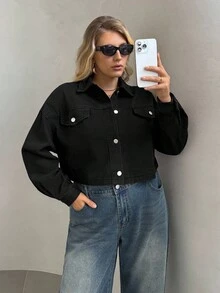 SHEIN Essnce 大碼落肩袖翻蓋細節短款牛仔夾克 - 黑色 - 查看 5