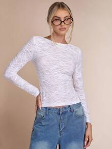 SHEIN BAE Women's Textured Round Neck Long Sleeve Backless Tie Design Sexy Fitted T-Shirt, Going Out, White Top, Christmas Party Top, New Year ,Thanksgiving For Women, Party, White T-Shirt - White - View 2