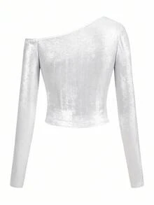 Shutterstock Áo thun dài tay in hình dơi đính sequin cho nữ dịp Halloween - Bạc - Xem 2