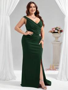 Coutiva Vestido de noche elegante con decoración de flores 3D de strass y drapeado para mujer de talla grande (con mucho bordado) - Verde Oscuro - Ver 5