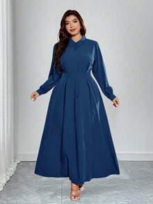 Elenzga Plus Size Elegant Solid Color Lantern Sleeve Dress, Suitable For Commuting - Teal Blue - View 5