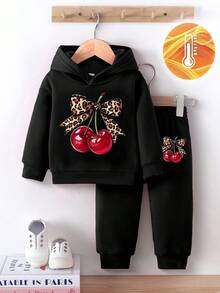SHEIN 2pcs Baby Girl Outfit, Fashionable & Cute Leopard Bow & Cherry Print Hooded Fleece Sweatshirt And Cherry Print Fleece Pants Set, Suitable For Outings In Autumn/Winter Fall - Black - View 3