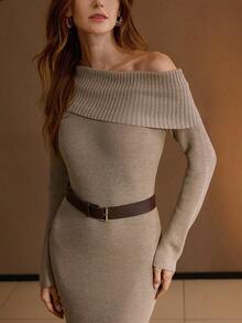 MOTF PREMIUM 秋冬不对称领口连衣裙 - 駝色 - 查看 2