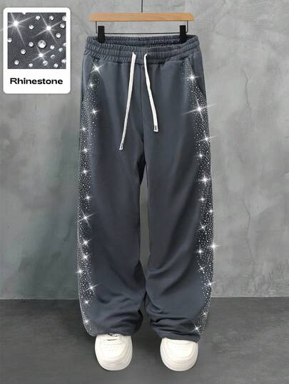 Street Life Pantalon de survêtement unisexe à jambe droite avec design de style de rue américain en strass