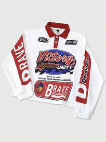 ROMWE MEN Street Life Camicia polo casual a maniche lunghe con stampa slogan, vestibilità ampia, adatta per l'autunno