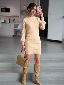 Teen Girls Contrast Swiss Dot Mesh Sleeve Rib-knit Dress Without Belt - Apricot - View 1