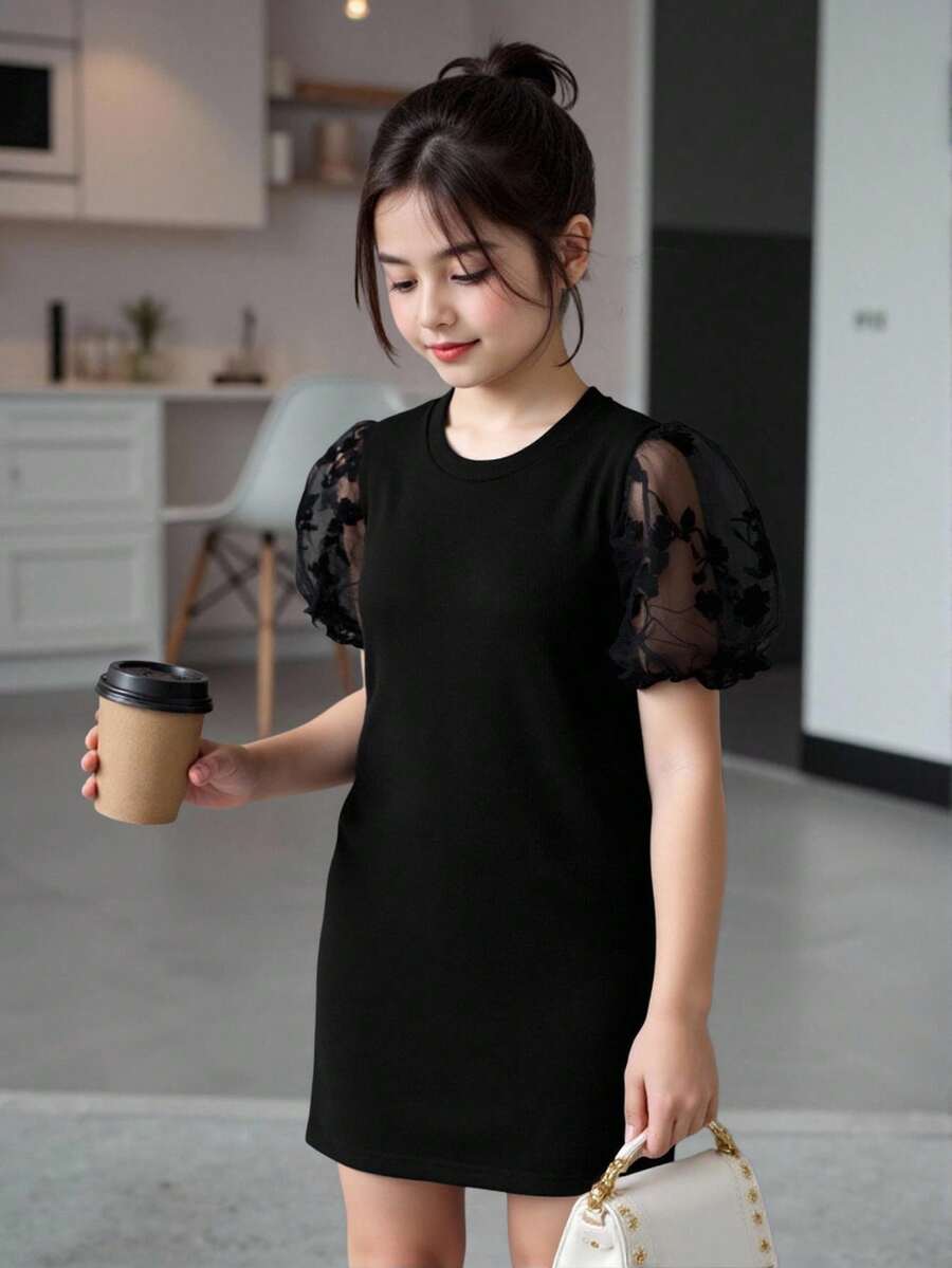 SHEIN Tween Girl 花卉网眼泡泡袖优雅连衣裙