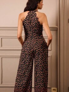 lacRébo Mono de pierna ancha sin mangas con cuello alto y estampado floral con bolsillos laterales, ropa de mujer para otoño e invierno - Multicolor - Ver 3