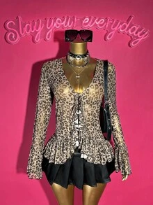 SHEIN Slayr 2025年秋季新款V领长袖喇叭袖系带前部不对称下摆褶饰豹纹休闲夏季女上衣 - 棕色 - 查看 1