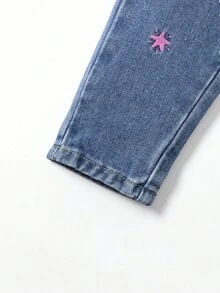 SHEIN Playful Pals Quần Jeans Denim Cho Bé Gái, Dễ Thương Thường Ngày Mùa Thu Mới Về, Quần Ống côn Denim Xanh Đậm Thêu Cầu Vồng, Trang phục hàng ngày đa năng & Trang phục thường ngày đi học, Quần dài Denim Cho Bé Gái - Rửa trung bình - Xem 4