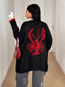 Maweii Plus Size Women Colorblock Lobster Knit Cardigan Sweater Fall Winter Cloth For Women Autumn - Black - View 1