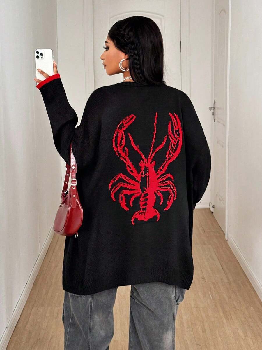 Maweii Plus Size Women Colorblock Lobster Knit Cardigan Sweater Fall Winter Cloth For Women Autumn - Black - View 1