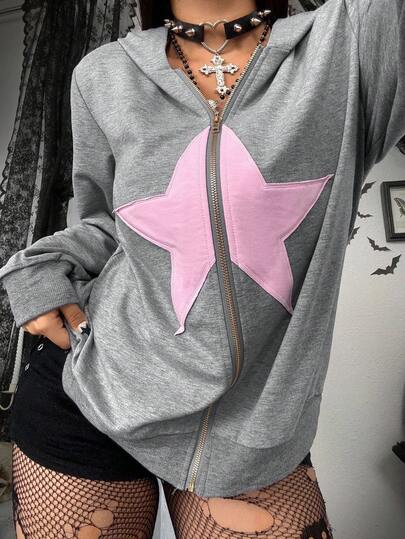 Whyspr Grunge Punk Plus Size Women Autumn Zip Front Applique Embroidered Star Sweatshirt Winter Fall