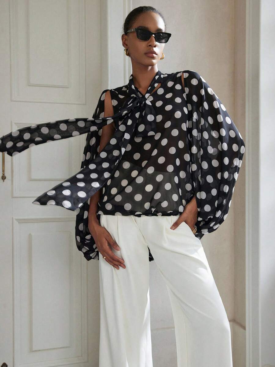 Aveloria Modichic Áo sơ mi tay dài chấm bi thiết kế theo phong cách poncho cổ điển, nhẹ, rộng rãi, có dây rút - Nhiều màu - Xem 1