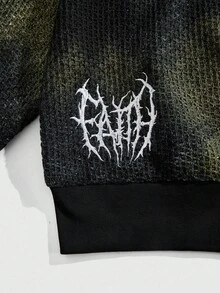 ROMWE MEN Grunge Punk 男士做旧深色休闲套头连帽衫，百搭长袖 - 黑色 - 查看 3