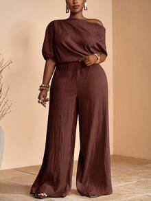 Veslaya 2025 春夏新款优雅派对、约会、晚会、毕业典礼纯卡其色修身单肩褶饰不对称连体裤，编织纹理面料，女式加大码长款连体裤 - 棕色 - 查看 1