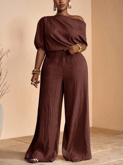 Veslaya 2025 春夏新款优雅派对、约会、晚会、毕业典礼纯卡其色修身单肩褶饰不对称连体裤，编织纹理面料，女式加大码长款连体裤