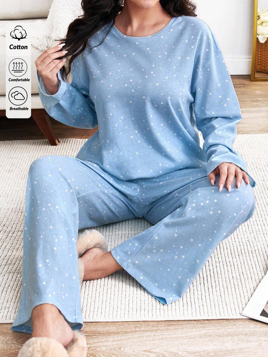 EURMUSE 2 pezzi Set pigiama in cotone con motivo a stelle, set pigiama leggero blu con set pigiama a stelle, set pigiama da donna morbido - Multicolore - Visualizzare 1