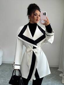 Elenzga Tie-Up Colorblock Elegant & Sophisticated Women's Regular Jacket Trench Coat - Multicolor - View 6