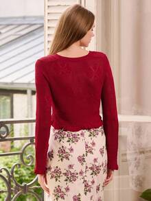 lacRébo Jacquard Mesh Cardigan With Crochet Flower Detail Spring Women Spring Spring Women Spring Summer Going Out Skirt New Year French Style Parisian Style - Red - View 2