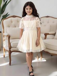 女孩荷葉邊領口網紗喇叭連衣裙 - 杏色 - 查看 4