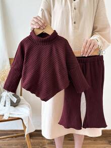 SHEIN 女婴幼儿 0-3 岁休闲日常百搭时尚外套高领落肩罗纹针织长袖上衣 + 喇叭裤套装，婴儿秋冬装，卡其色