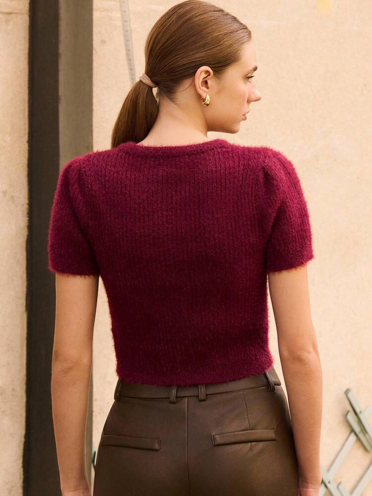 Vintage Stil burgunderroter weicher, flauschiger Strick-Crop-Cardigan mit Kristall-Herz-Knöpfen, Herbst Frühling Sommer eleganter burgunderroter Top
