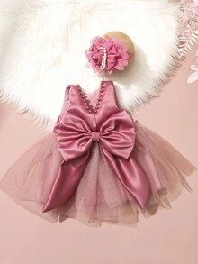 SHEIN 2 件套新生儿女童珍珠风格连衣裙配玫瑰花头带婴儿拍照服装婴儿 1 个月 100 天拍照服装 - 紅色 - 查看 2