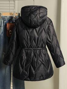 Tween Girls Black Winter Modest Hooded Padded Coat, Loose Fit Drawstring Waist Graphic Pattern Casual Outwear For School, Date, Outdoor, Commute, Fall - Black - View 4