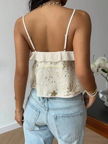 Serisse 女士亮片装饰交叉吊带背心，亮片上衣，金色上衣，露背吊带设计，女装，派对上衣，婚礼派对上衣，外出上衣，优雅女士上衣，时尚女士上衣，优雅时尚上衣，荷叶边设计夏季休闲款 - 杏色 - 查看 2