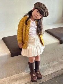 DAZY 女嬰純色麻花編織扭轉前襟長袖開襟衫幼兒服飾 - 黃色 - 查看 6