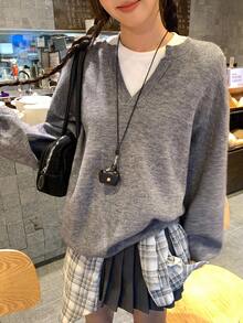 DAZY 女式V领纯色休闲街头风格宽松长袖毛衣 - 灰色 - 查看 10