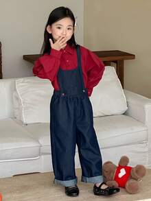 DAZY 年轻女孩休闲水洗宽松牛仔背带裤秋冬 - 藍色 - 查看 5