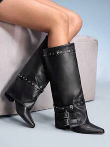 CUCCOO GRLICON Botas cómodas de tacón de madera con diseño sencillo y fácil de poner, adecuadas para Halloween, Navidad, fiestas, festivales de música y otoño, en color negro - Negro - Ver 5