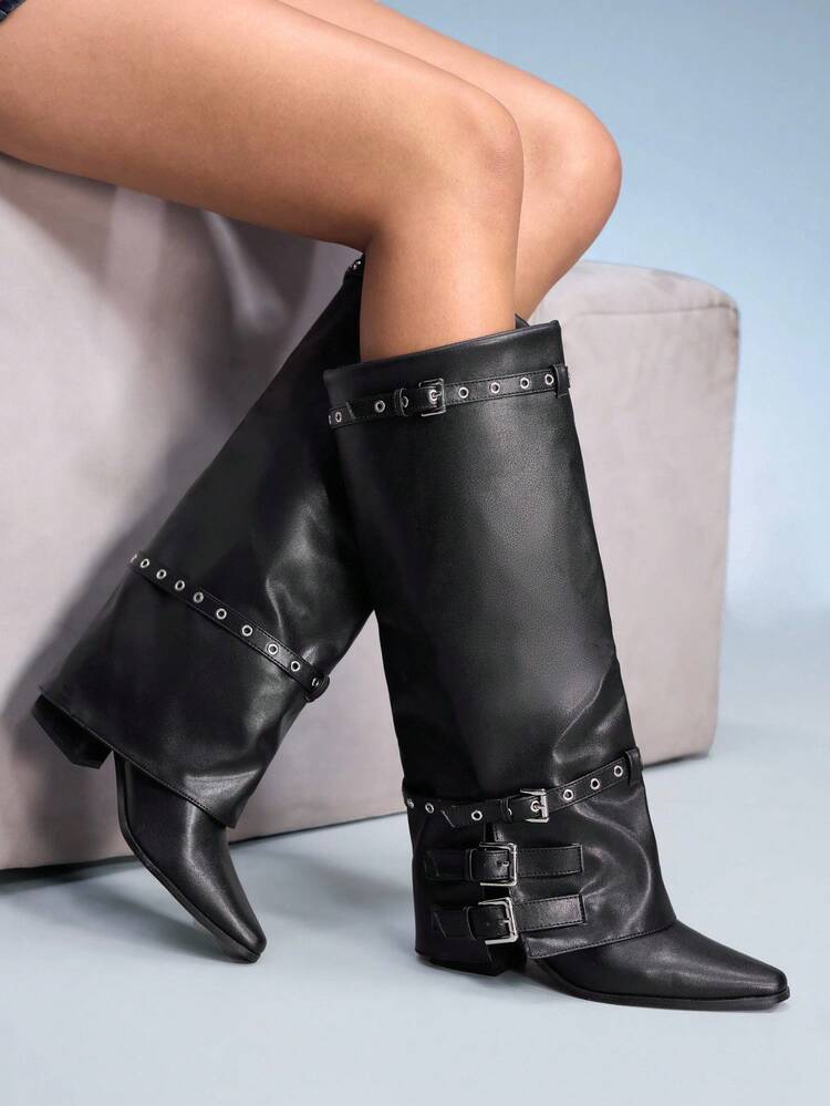 CUCCOO GRLICON Women's Simple Slip-On Comfortable Wooden Heel Warm Boots, Suitable For Halloween, Christmas, Party, Music Festival, Autumn Black Boots