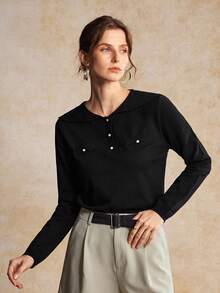 House of One Sailor Collar Button-Up Long Sleeves Black Sweater Top Women Autumn Winter Elegant Casual Wear