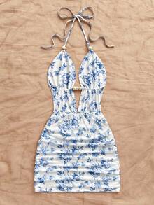 Soleia Robe mini dos nu à col ras-du-cou avec imprimé floral sexy, pour l'été