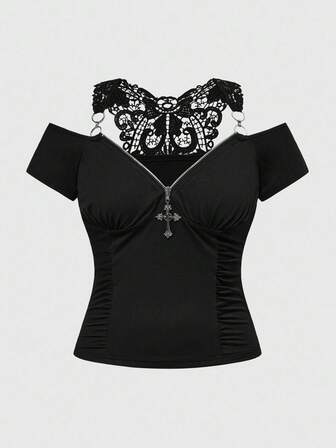 Große Größen Gothic Stil dunkler Schmetterling Kreuz Reißverschluss sexy Camisole T-Shirt, Damen Herbst Große Größen Kurzarm Top