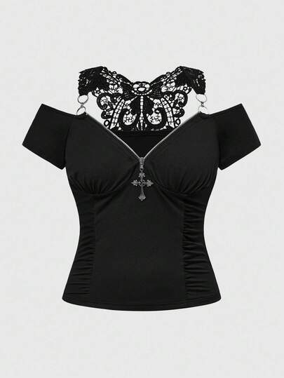 Plus Size Gothic Style Dark Butterfly Cross Zipper Sexy Camisole T-Shirt, Women Autumn Plus Size Short Sleeve Top