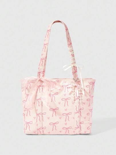 Kawaii Bolso de mano grande con capacidad para mujer, con estampado de corazón, lazo y decoración de estilo lindo y de moda, en terciopelo acanalado