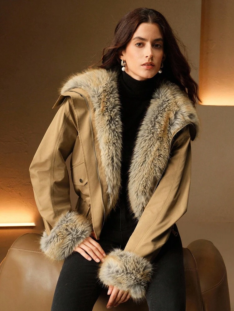 Short Collar Faux Fur Trim Women Jacket Coat
