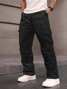 Manfinity Homme 秋季大码男士纯色抽绳腰带口袋褶皱休闲裤 - 黑色 - 查看 1