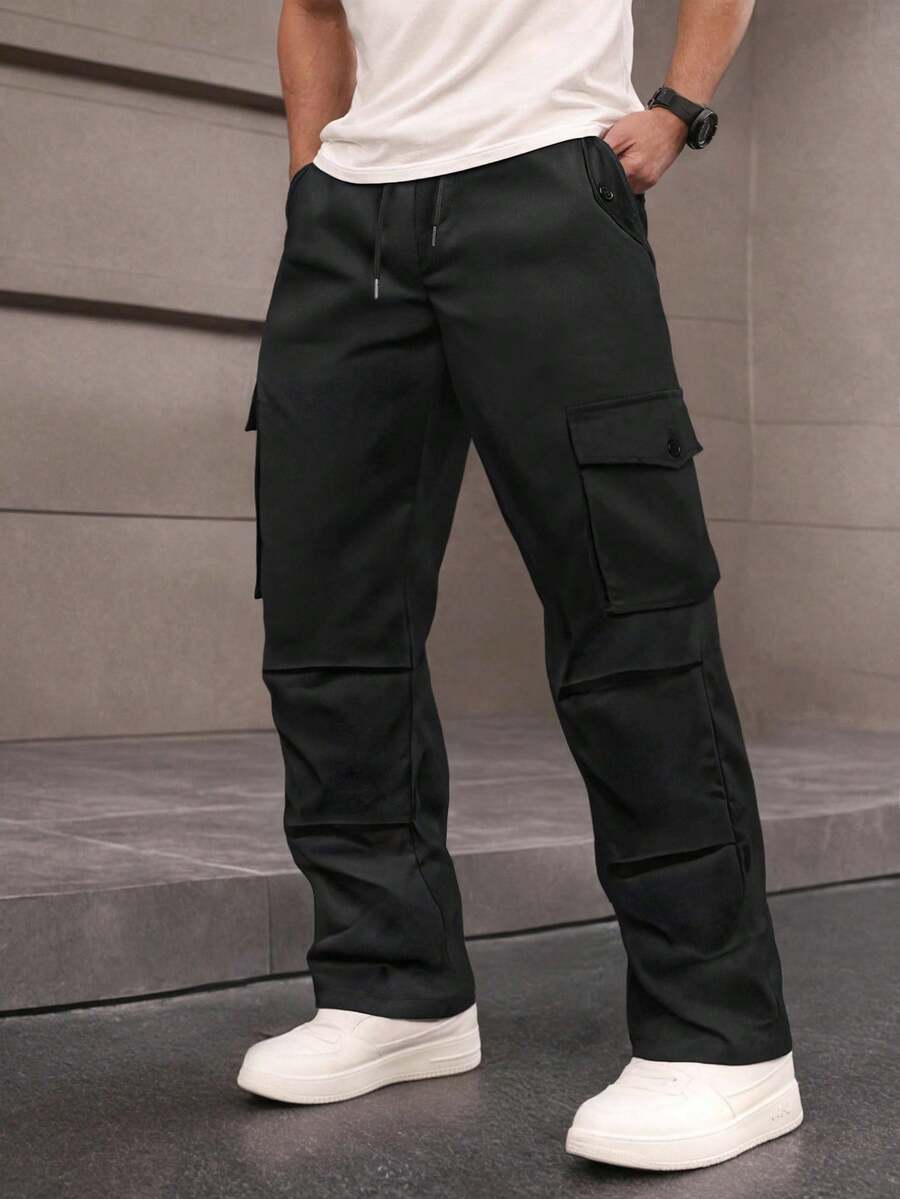 Manfinity Homme 秋季大码男士纯色抽绳腰带口袋褶皱休闲裤 - 黑色 - 查看 1